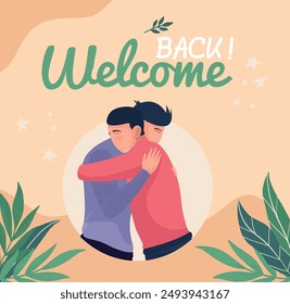 Bienvenido Saludo a casa, Hola, Hola, Anuncio, póster y pegatina, estilo geométrico de vacaciones con texto Bienvenido, Hola, Hola. Tarjeta de felicitación, tarjeta de invitación, Anuncio de Web. Ilustración vectorial 