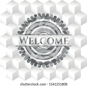 Welcome grey emblem with cube white background