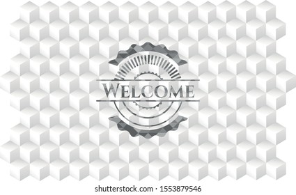 Welcome grey emblem with geometric cube white background