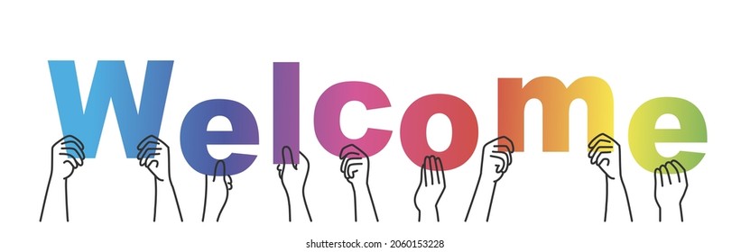 Welcome. A group of people hold big letters. Gradient letters. Hand drawn vector illustration.