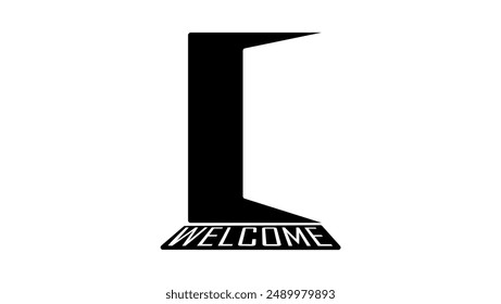 Welcome guest, open door with mat, black isolated silhouette.