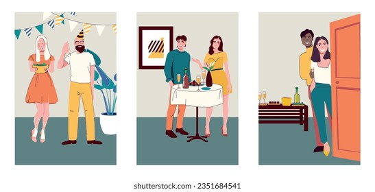 Welcome guests flat set with people having fun at home party isolated vector illustration