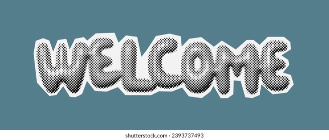 Welcome halftone bubble texture, vintage 90s style of paper magazine clippings. Composed of big amount of circles. Vector illustration