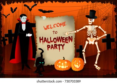 Welcome to Halloween Party. Advertising poster. Free space for additional information. Vector illustration.