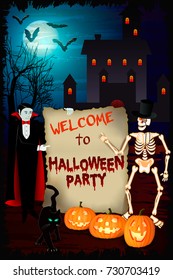 Welcome to Halloween Party. Advertising poster. Free space for additional information. Vector illustration.