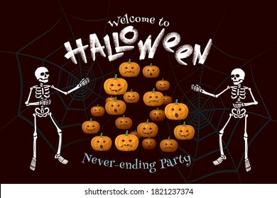 Welcome to Halloween Party Concept with Smiling Sad and Scared Pumpkins as Triple Loop Simplified Skeletons and Logo - Orange and White on Spider Web Background - Vector Mixed Graphic Design