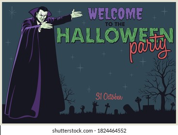 Welcome to the Halloween Party Invitation, Vampire man, Cemetery, Night Scene 