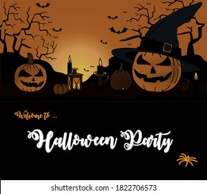 Welcome to Halloween Party Text Banner. Invitation Card Pumpkin Flat design vector illustration.