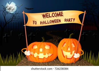 Welcome to Halloween Party. Vector illustration with pumkins on the graveyard.