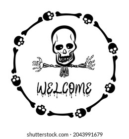 Welcome Halloween with playful skeleton open arms in skeleton circle, vector illustration.