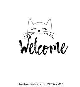 welcome hand drawn lettering wit cat face