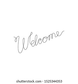 Welcome hand lettering continuous line drawing, welcome word inscription, small tattoo, print for clothes, emblem or logo design, one single line on a white background, isolated vector illustration.