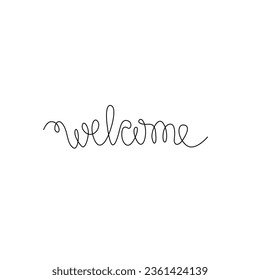 Welcome hand lettering continuous line drawing, welcome word inscription, small tattoo, print for clothes, emblem, logo design, one single line on white background, isolated vector illustration.