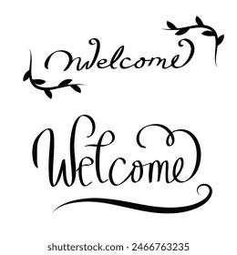 Welcome hand lettering set with black outline graphic illustration