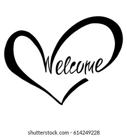 Welcome. Hand write lettering with heart. Text isolated on white background. Vector illustration.