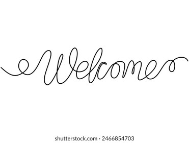 Welcome handwritten inscription. One line drawing of phrase hand writing calligraphy card lettering isolated on white background.