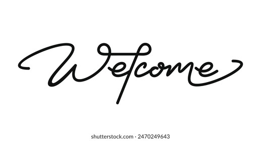 Welcome handwritten isolated on white background. Hand drawn lettering style, one line drawing, signature, brush, calligraphy, monoline. Vector Illustration