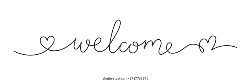 Frase manuscrita de bienvenida con líneas suaves y Formas de corazón. Línea continua de caligrafía utilizable para invitación, saludo, reunión o recepción. Ilustración vectorial.
