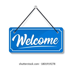 Welcome - Hanging Door Sign isolated on transparent background. Signboard Welcome. Hanging sign for door. Signboard with a rope. Business concept for opens businesses, sites and services