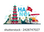 Welcome to Hanoi - modern colored vector illustration with Thien Mu Pagoda, vietnam national flag, mountains and tropical nature, rickshaw and asian local. Cultural flavor and attractions idea