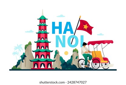 Welcome to Hanoi - modern colored vector illustration with Thien Mu Pagoda, vietnam national flag, mountains and tropical nature, rickshaw and asian local. Cultural flavor and attractions idea