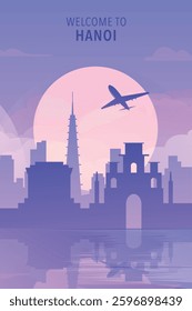 Welcome to Hanoi, Vietnam. Gradient city poster, card with shapes of skyline, waterfront and airplane. Asia travel vector illustration, print, graphic