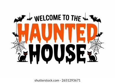 Bem-vindo ao sinal de casa assombrada, banner de Halloween assustador, ilustração de teia de morcego e aranha, convite de festa assustador, design festivo