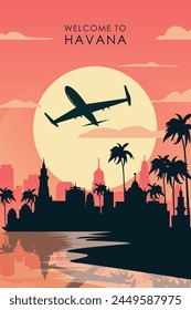 Bienvenidos a La Habana, Cuba. Afiche de la ciudad retro con Formas abstractas del horizonte, edificios, avión que sobrevuela la costa. Ilustración vectorial de viaje de Antiguas South America