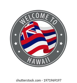 Welcome to Hawaii. Gray stamp with a waving state flag. Collection of welcome icons.