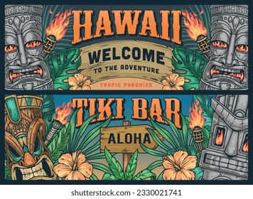 Welcome Hawaii set banners colorful tiki masks on posters calling for visit to tropical bar in hot resort vector illustration