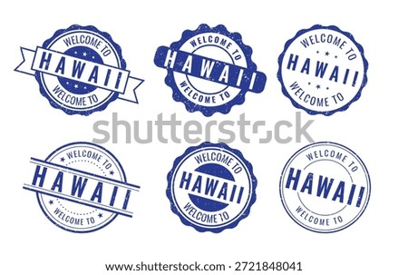 Welcome to Hawaii stamp set featuring blue vintage rubber seal designs isolated on white background element