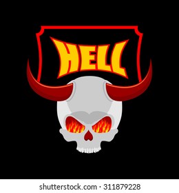 Welcome to hell. Plate for door. Satans skull with horns. In eye of cranium flame of fire of purgatory. Vector illustration of religion