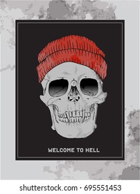 Welcome to Hell. Skull with hat and fangs on a black background.