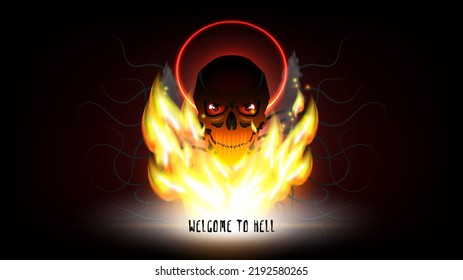 Welcome to hell. Vector scary skull with a red halo in a bright flame and smoke with thin tentacles on dark background