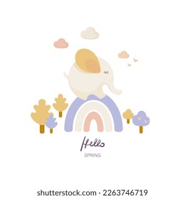 Welcome or hello spring pattern in pastel colors, with a happy baby elephant standing on a rainbow, trees and clouds. Hand drawn vector illustration, white background, all elements are isolated.