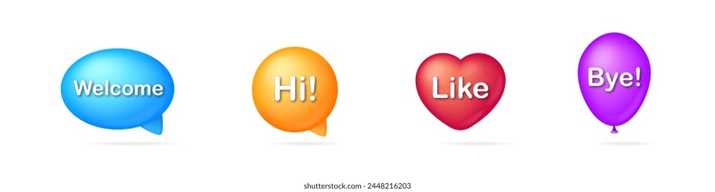Welcome, hi, like and bye vector design elements. 3d different colorful shapes.