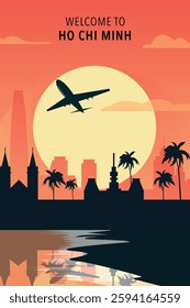 Welcome to Ho Chi Minh, Vietnam. Retro city poster with abstract shapes of skyline, buildings, plane flying over shore. Vintage summer travel vector illustration