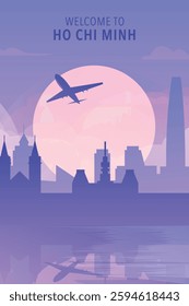 Welcome to Ho Chi Minh, Vietnam. Gradient city poster, card with shapes of skyline, waterfront and airplane. Asia travel vector illustration, print, graphic