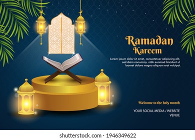 welcome to the holy month with lantern and blue background . ramadan background or banner template promo