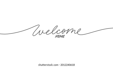 Welcome home black line lettering. Hand drawn modern vector calligraphy isolated on white. Black simple inscription with swashes, wavy lettering text. Design for holiday greeting card, housewarming.