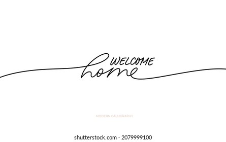 Welcome home black line lettering. Hand drawn modern vector calligraphy isolated on white. Black simple inscription with swashes, wavy lettering text. Design for holiday greeting card, housewarming.