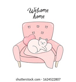 Welcome home. Cat on the armchair. Vector illustration. Cute cat. Pet. 