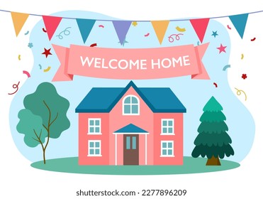 Welcome home celebration in flat design. Cute house with welcoming text.