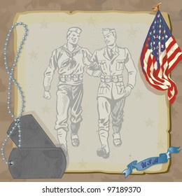 Welcome Home Hero Military Party Invitation  Loosely drawn American Flag, dog tags, and vintage military men against grungy old paper with a camouflage background.