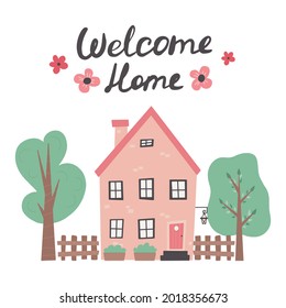 Welcome home lettering with cute house Hand drawn trendy vector illustration with colored houses. Cozy country house. Flat design. Scandinavian style buildings.