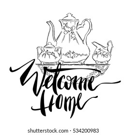 Welcome Home lettering illustration. Modern brush calligraphy.