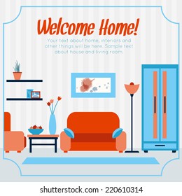 Welcome home! Living room card design. Flat style vector illustration.