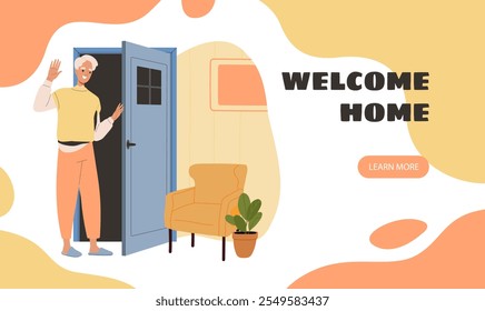 Welcome home poster. Man near entrance to room. Comfort and coziness in apartment. Beautiful furniture in apartment. Landing webpage design. Flat vector illustration