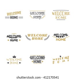 Welcome home. Set of 9 labels, stickers, emblems or badges. Decorative elements for your design. Postcards. Vector illustration