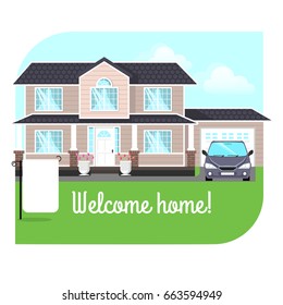 Welcome home, a two-story house with a garage, a lawn and a car